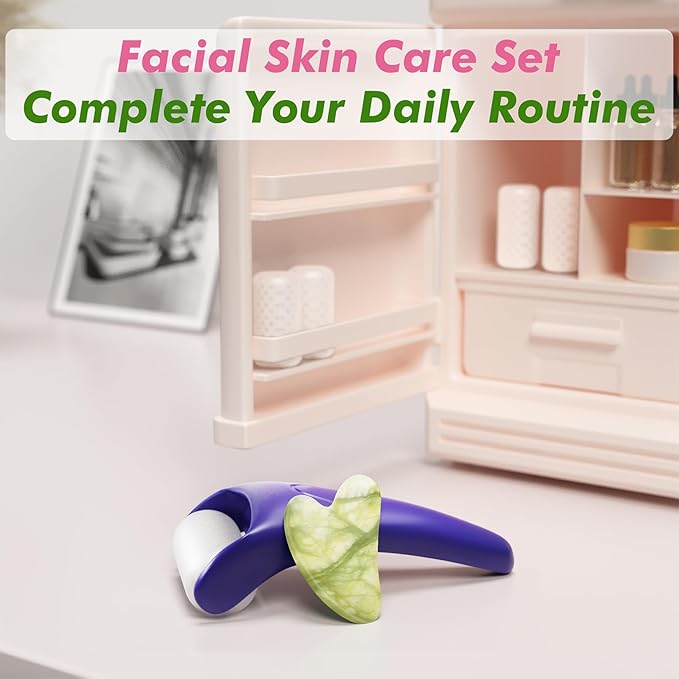 Ice Roller & Gua Sha Set, Skin Care for Face Wrinkles and Puffiness, Self Facial Massage Tools