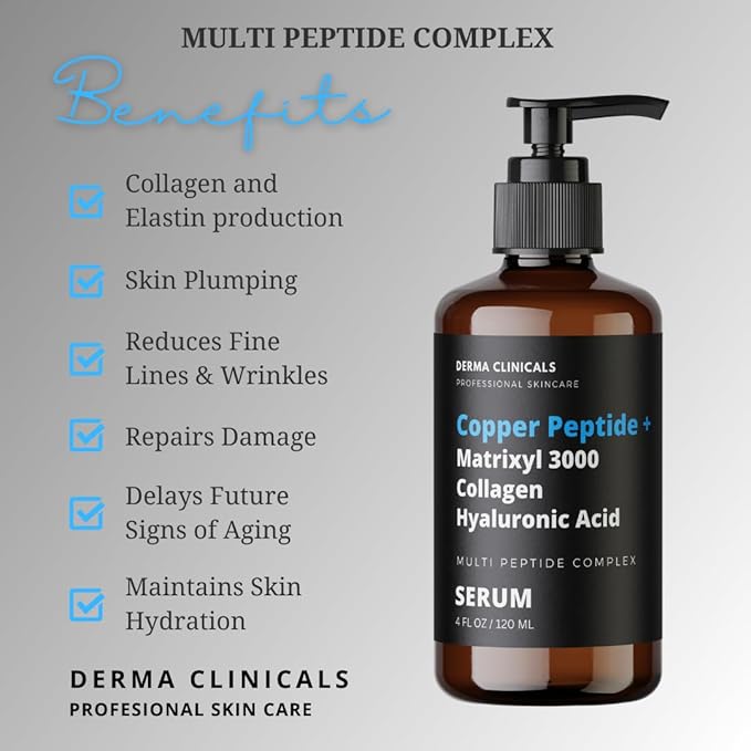 Copper Peptide + Matrixyl 3000, Collagen, Hyaluronic Acid Serum for face, Multi Peptide Firming and Plumping Serum, Anti-Wrinkle, Anti-Aging Face Serum - 4oz