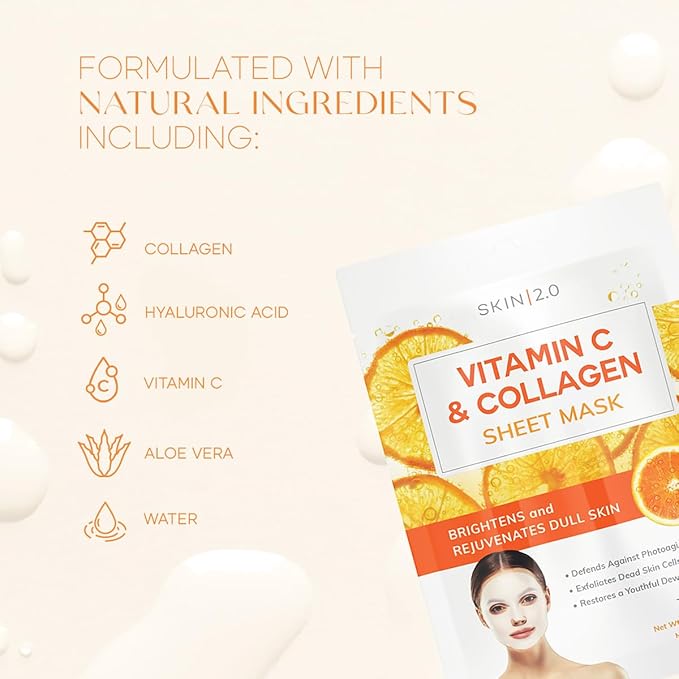Vitamin C & Collagen Sheet Mask - Anti-Aging, Wrinkle & Age Spot Reducer, Hydrating & Moisturizing - Dermatologist Tested Korean Skincare, Clean Beauty, Cruelty-Free, All Skin Types - 5 Masks