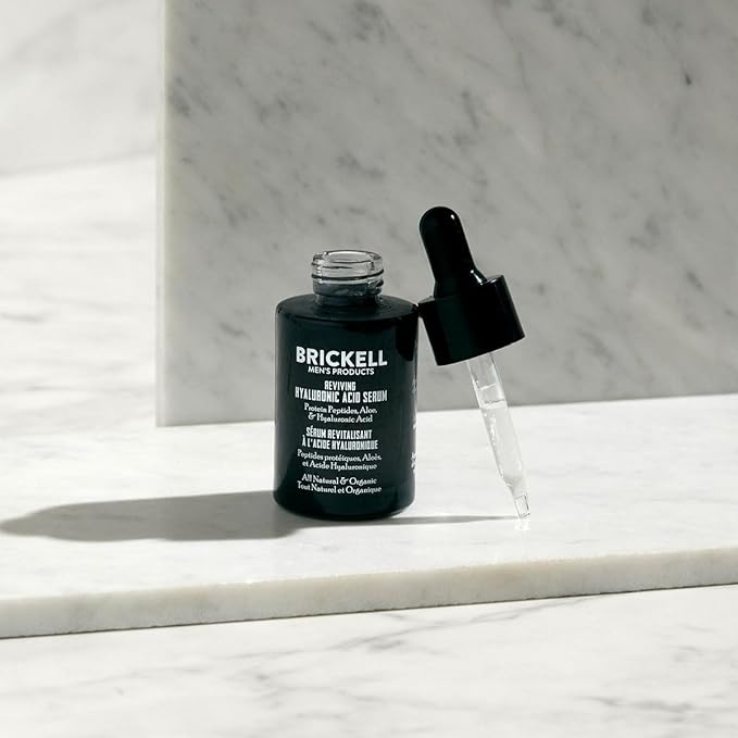Brickell Men's Anti Aging Hyaluronic Acid Serum for Face, Reviving Day Serum for Men, Natural and Organic with Protein Peptides to Restore Firmness and Collagen, 1 Ounce, Scented