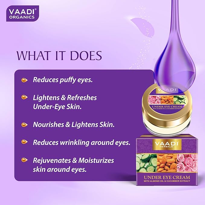 Vaadi herbals Natural Under Eye Cream - Almond Oil & Cucumber extract - Reduces the Appearance of Fine Lines and Wrinkles - Paraben Free - Sulfate Free - Unisex - All Skin Type - ( 30 GMS )