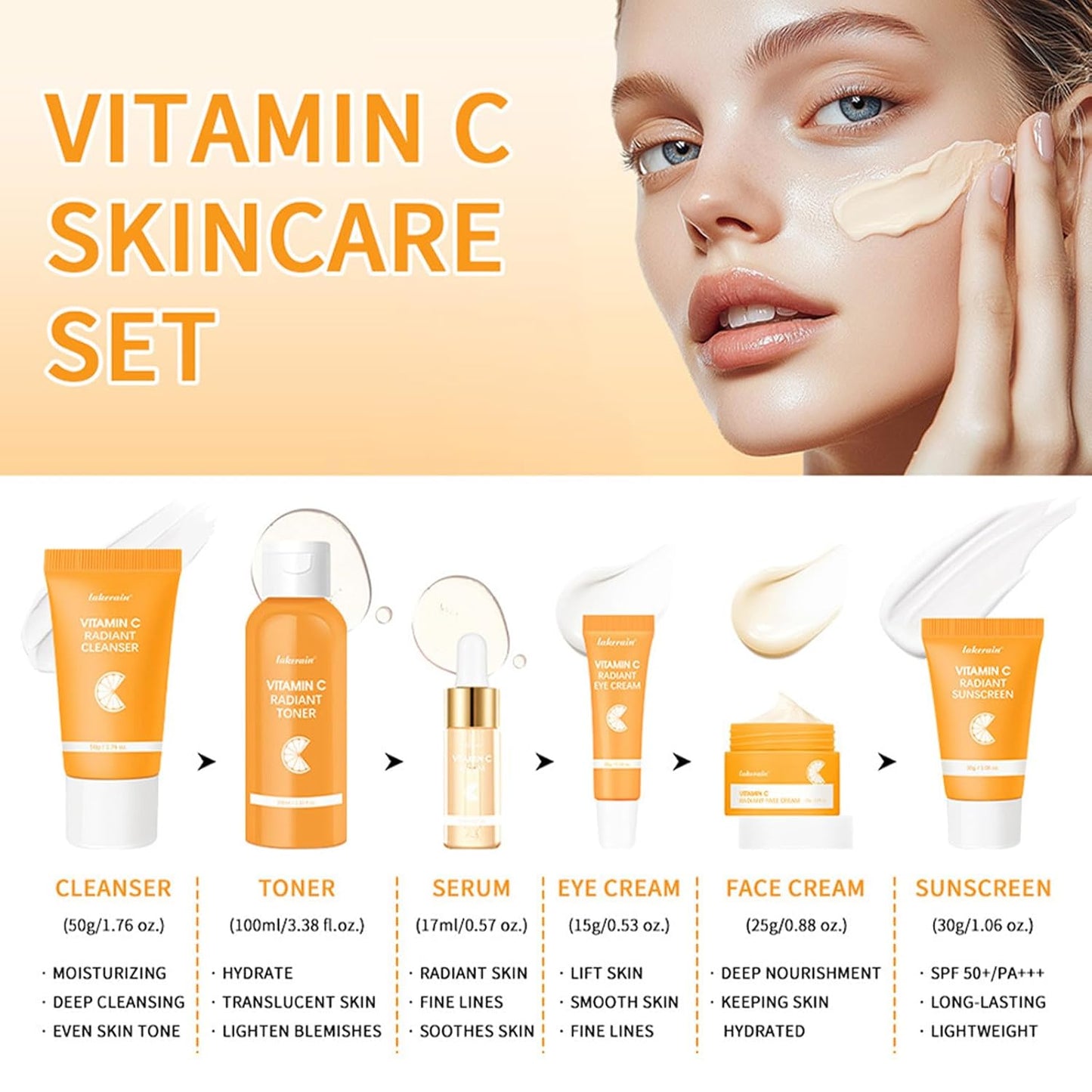 Skincare Gift Set for Teenage Girls,Vitamin C Skin Care Set - 6 Piece Gentle Skin Cleaning & Care Travel Size Kit With Cleanser, Toner, Face Serum,Eye Cream,Sunscreen,Face Cream Brighten Face Care Kit