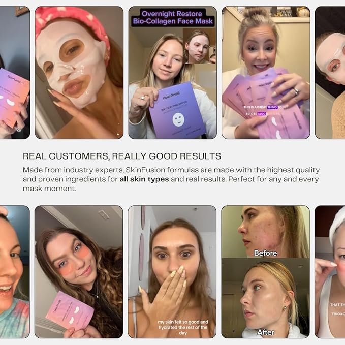 Bio-Collagen Sheet Face Masks (Overnight Restore, 5 Pack) with Retinol + Ceramides - Anti-Aging, Minimize Wrinkles and Pores, Deep Hydration, Firming - Mother's Day Gifts for Mom - K Beauty