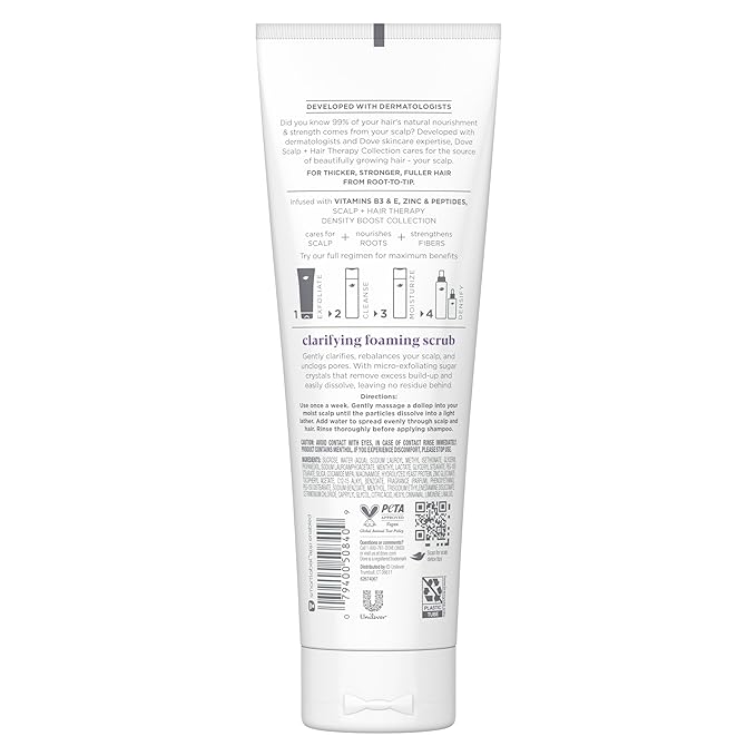 Dove Density Boost Clarifying Foaming Scrub Scalp + Hair Therapy for gentle scalp exfoliation, with Vitamin B3, Zinc and 0% sulfates, 9 oz
