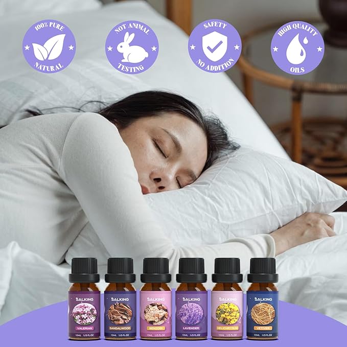 SALKING Sleep Essential Oils Set, Pure and Natural Essential Oils, Fragrance Oil Scented Oils for Oil Diffusers 6 x 10 ML - Lavender, Vetiver, Sandalwood, Valerian, Helichrysum, Benzoin…