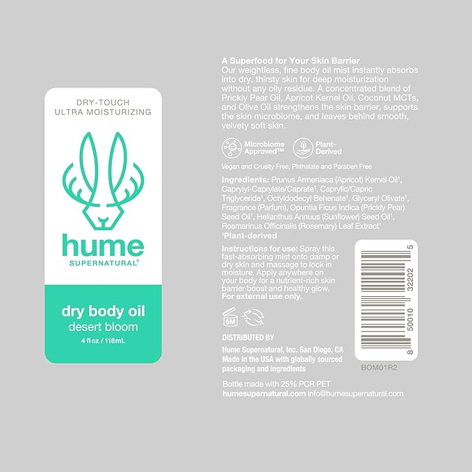 HUME SUPERNATURAL Dry Body Oil Spray - Probiotic Moisturizer for Men & Women, Nourishing Hydration, Desert Bloom, 1-Pack