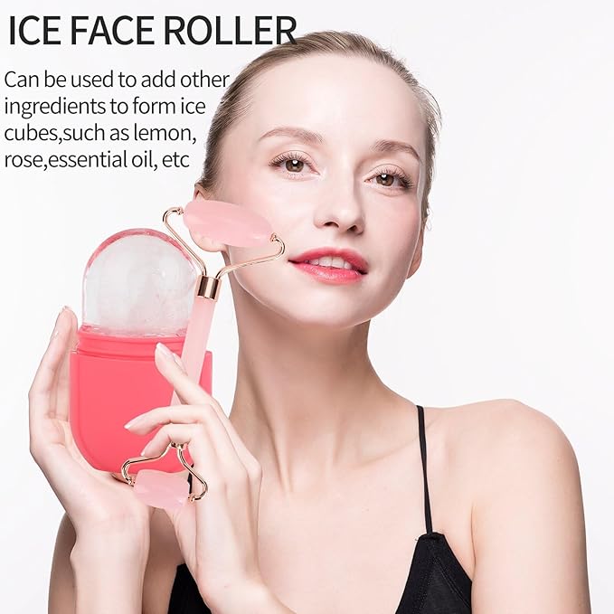 Facial Skincare Ice Roller Mold-Ice Roller for Face and Eye,Beauty Cube Brighten Skin &Enhance Natural Glow &Remove Fine Lines,Facial Beauty Ice Roller Skin Care Tools (Oval, pink set)
