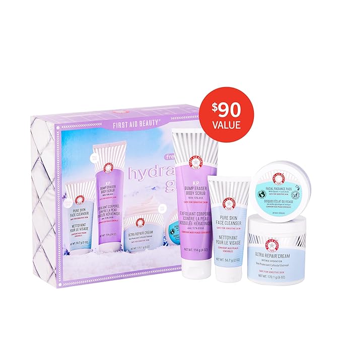 First Aid Beauty - Hydrated Glow Kit: KP Bump Eraser Body Scrub, 4 oz, Facial Radiance Pads, 28 Pads, Pure Skin Face Cleanser, 2 oz, & Ultra Repair Cream, 6oz, Hydration and Exfoliation Treatment, 4ct