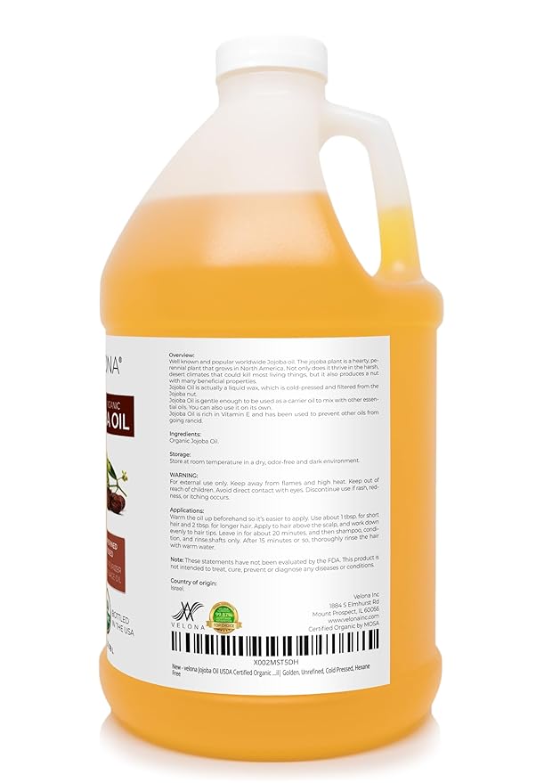 velona Jojoba Oil USDA Certified Organic - 1 Gallon | 100% Pure and Natural | Golden, Unrefined, Cold Pressed, Hexane Free | Moisturizing Face, Hair, Body, Skin Care