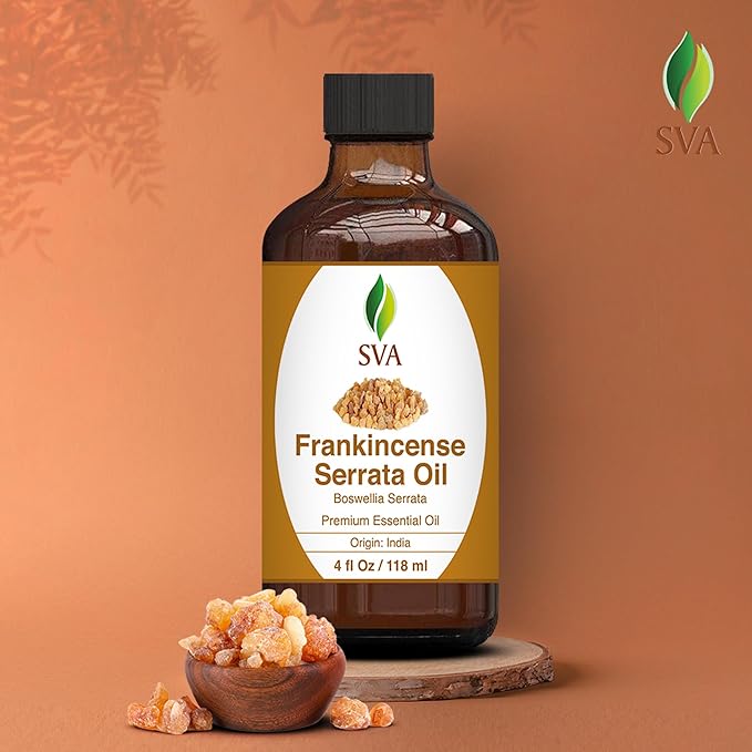 SVA Frankincense Essential Oil – 4 Fl Oz – 100% Natural Boswellia Serrata Oil - for Diffuser, Hair Care, Face, Skin Care, Aromatherapy, Scalp and Body Massage, Soap and Candle Making – with Dropper