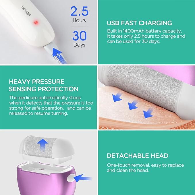 VOYOR Electric Foot Callus Remover Rechargeable Foot File Waterproof Pedicure Tools, Professional Callus Remover for Feet 3 Roller Heads Foot Scrubber Electric Foot Grinder CR300 (Purple)