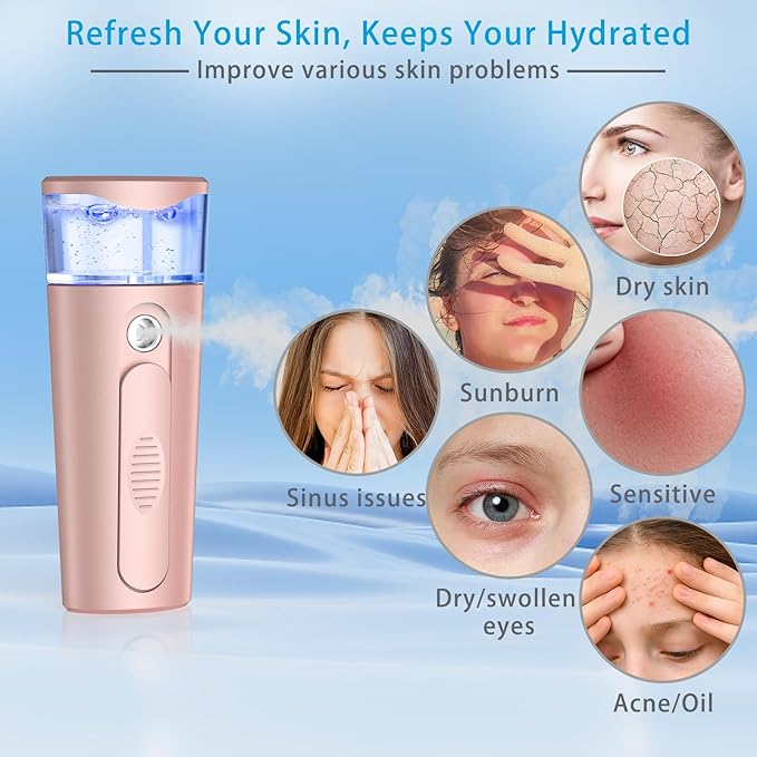 Portable Nano Face Mister, Facial Steamer, USB Rechargeable Cool Mist Sprayer, 40ml Visual Water Tank, Nano Mister for Eyelash Extensions, Facial Deep Cleaning, Makeup-Pink