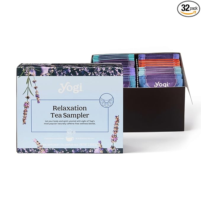 Yogi Tea Relaxation Sampler Box – Easter Basket & Stress Relief Gifts - 8 Favorite Herbal Teas (32 Tea Bags) - Assorted Delicious Wellness Teas - Caffeine Free - Variety Pack Sampler