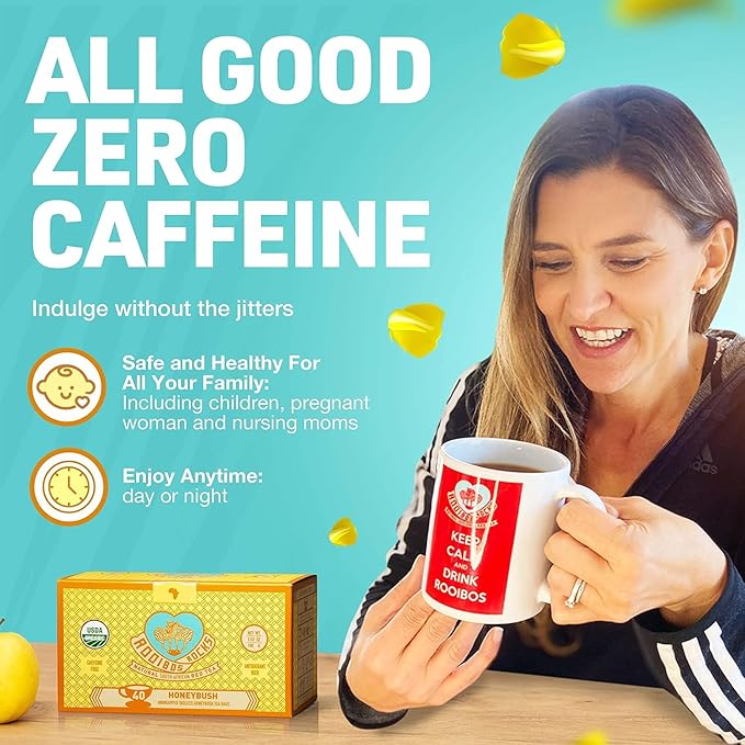 Caffeine Free South African Honeybush Tea 40 Decaf Tea Bags - Premium Tea Safe for Children, Pregnant Women and Nursing Moms โ Naturally Sweet, Sustainably Sourced and Ethically Farmed in South Africa