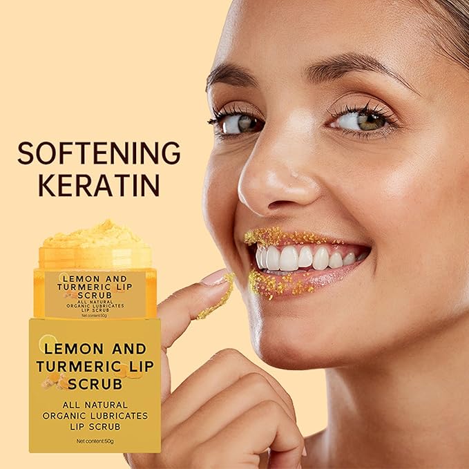 Natural Lip Scrub, Turmeric Lemon Lip Exfoliator Nourishing Sugar Lip Scrub with Aloe Vera Gentle Exfoliant for Dry and Chapped Lips Hydrates & Fade Lip Lines 50g