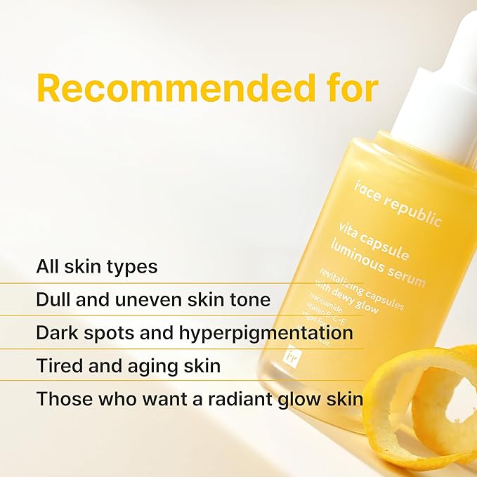 Face Republic Vita Capsule Luminous Serum 45ml 1.52 fl oz | Revitalizing, Radiant Glow for Dull, Dry Skin | Vitamins, Lemon Extract, Niacinamide 5%, Jojoba Seed Oil | Vegan Korean Skin Care
