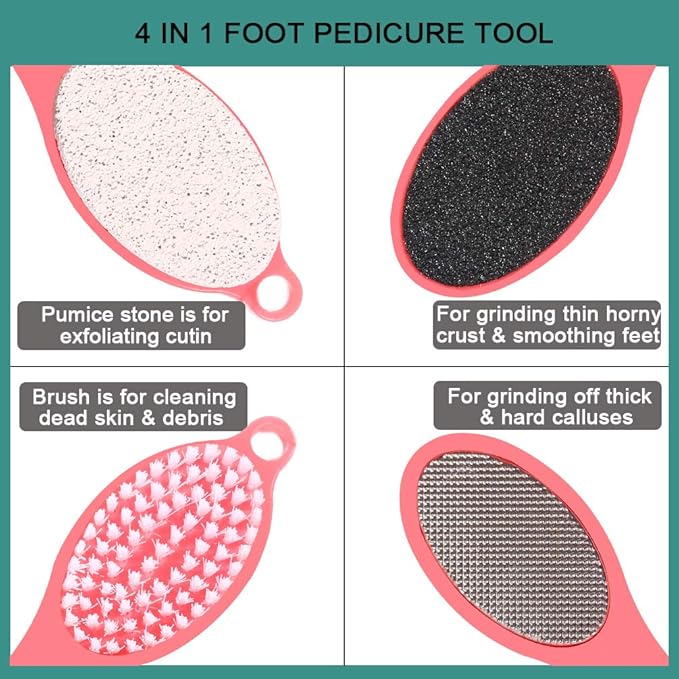 CAREHOOD Foot File Callus Remover - Multi Purpose 4 in 1 Feet Pedicure Tools with Foot Scrubber, Pumice Stone, Foot Rasp and Sand Paper for Home Foot Care (Red Pedicure Foot File)