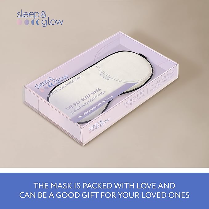 SLEEP & GLOW Silk Sleep Eye Mask Luxury Mulberry 22 Momme 100% Natural Triple Silk Blindfold with Adjustable Strap for Comfortable Sleeping & Face Skin Care (White)