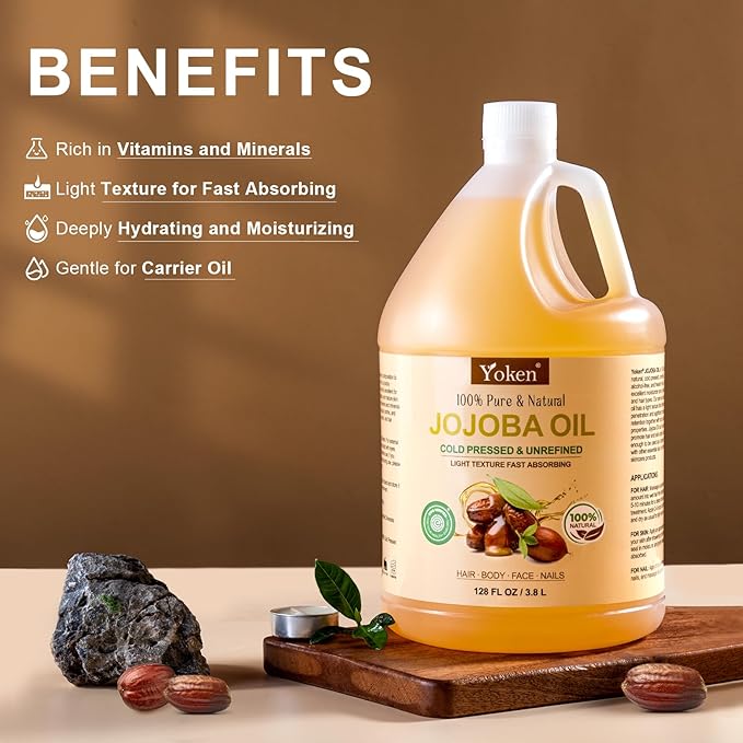 1 Gallon Jojoba Oil EWG Verified - 100% Pure Jojoba Oil Bulk Cold Pressed Unrefined Hexane Free Virgin Golden Jojoba Carrier Oil for Hair Skin Massage DIY Natural Body Moisturizer