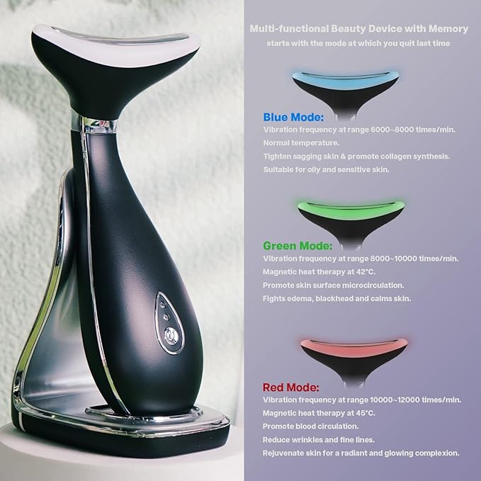 Lily Neck Face Massager Skin Rejuvenation Device (Black) with Triple Action LED, Natural Jade Comb Head Massager Scalp Massage Comb