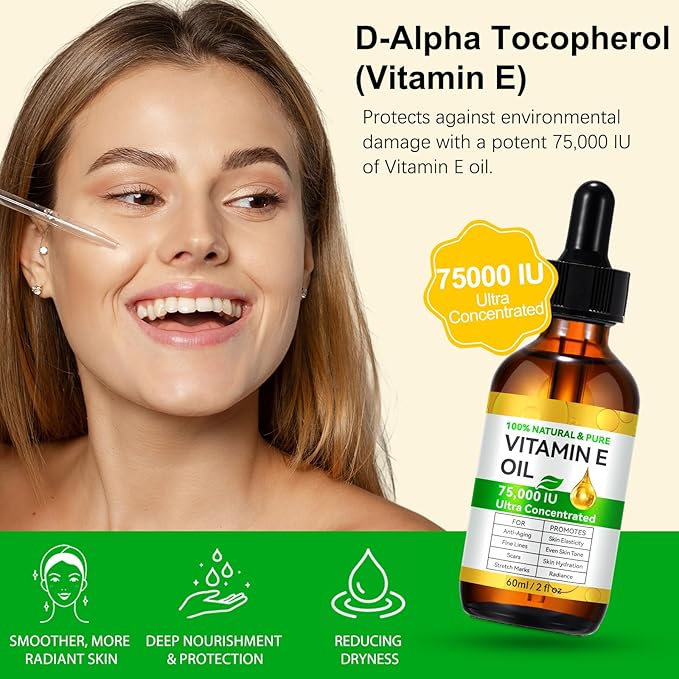 Vitamin E Oil for Skin, Hair & Face -75000 IU, Natural & Organic Vitamin E for Scars, Scalp, Bath & Body Oil, Moisturizing Dry Skin, 4Oz