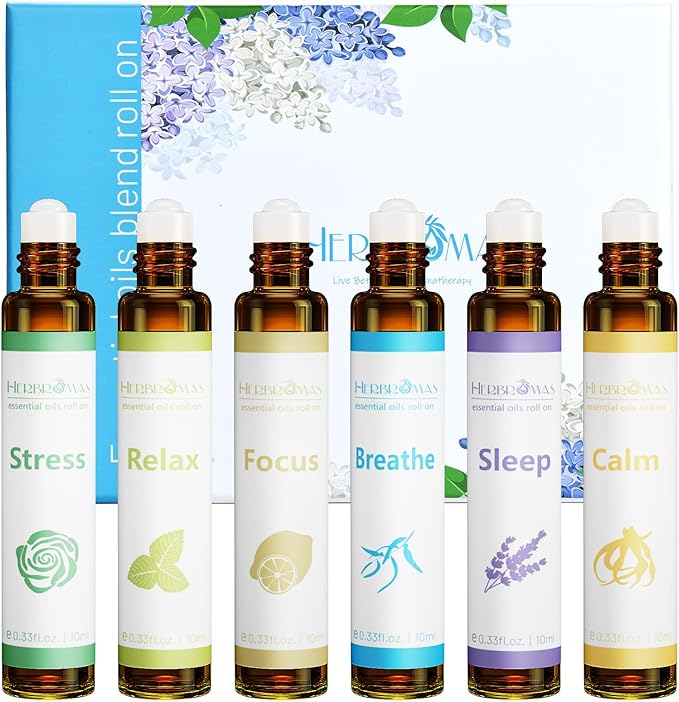 Aromatherapy Essential Oils Roll On Set, Natural Pre-diluted Blend Oils for Skin Use, Relaxation Gift for Women & Men, Pack 6 x10ml