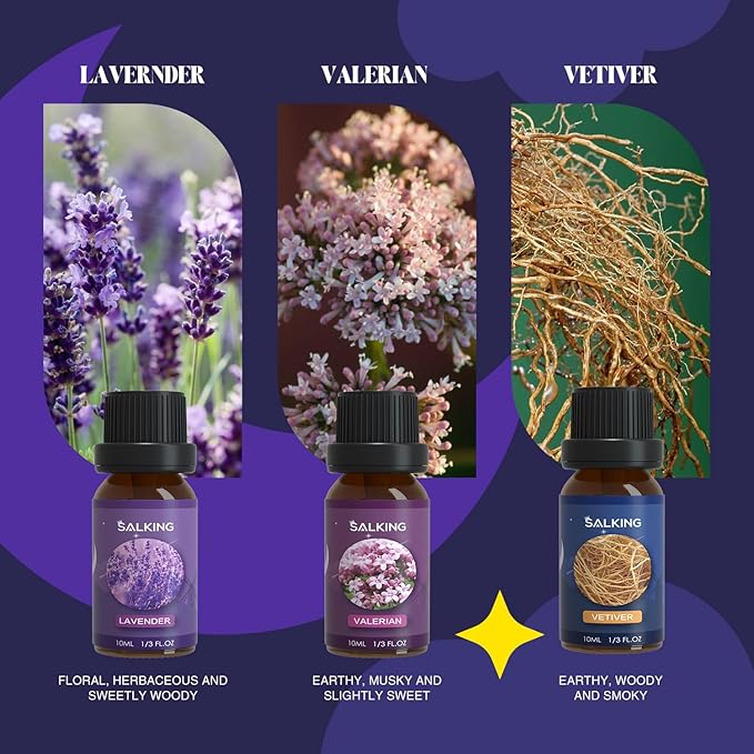 SALKING Sleep Essential Oils Set, Pure and Natural Essential Oils, Fragrance Oil Scented Oils for Oil Diffusers 6 x 10 ML - Lavender, Vetiver, Sandalwood, Valerian, Helichrysum, Benzoin…
