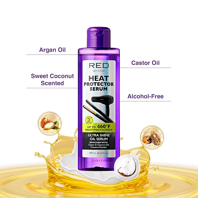 Red by Kiss Heat Protector Hair Styling Serum, Thermal Protection Ultra Shine Oil Serum, Protects Hair form Heat Damage, Anti Frizz Strengthening Hydrating (6 Fl Oz)