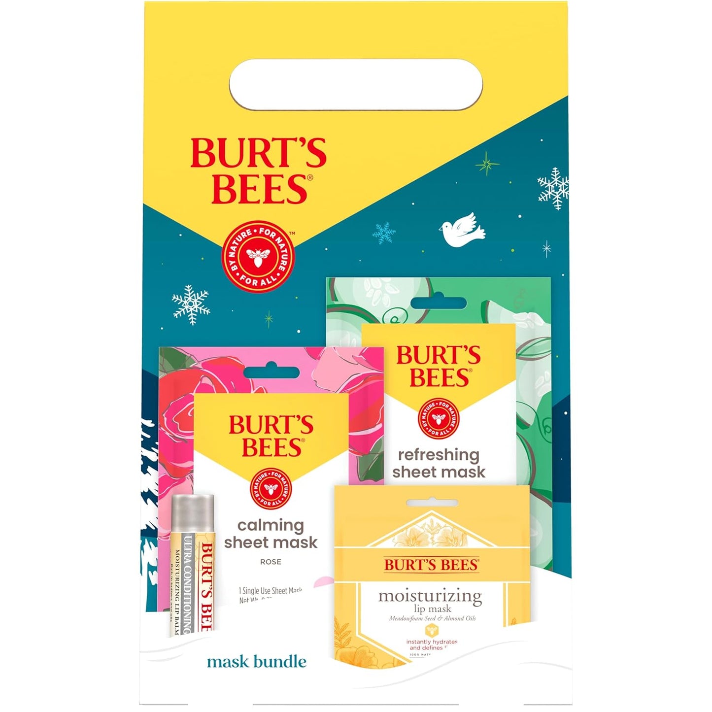 Burt’s Bees Christmas Gifts, Mask Bundle Stocking Stuffers Gift Set; Moisturizing Lip Mask, Ultra Conditioning Lip Balm, Refreshing Sheet Mask, Calming Sheet Mask; Festive Packaging; 1 Gift Set