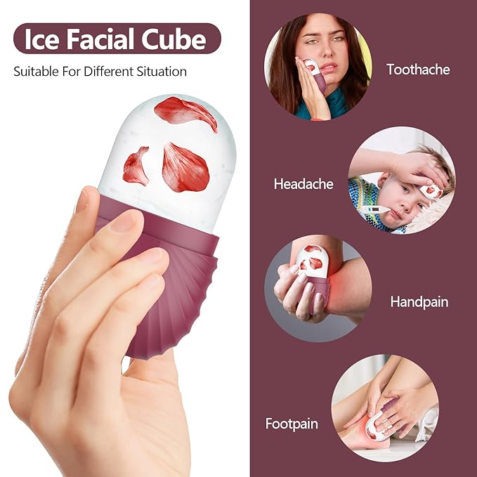2pcs Ice Roller for Face and Eye, Silicone Ice Facial Roller Ice Holder, Face Ice Mold Skin Care, Face Icers Reusable Ice Cube Roller for Shrink Pores Anti Wrinkle Reduce Puffiness, Pink Rose