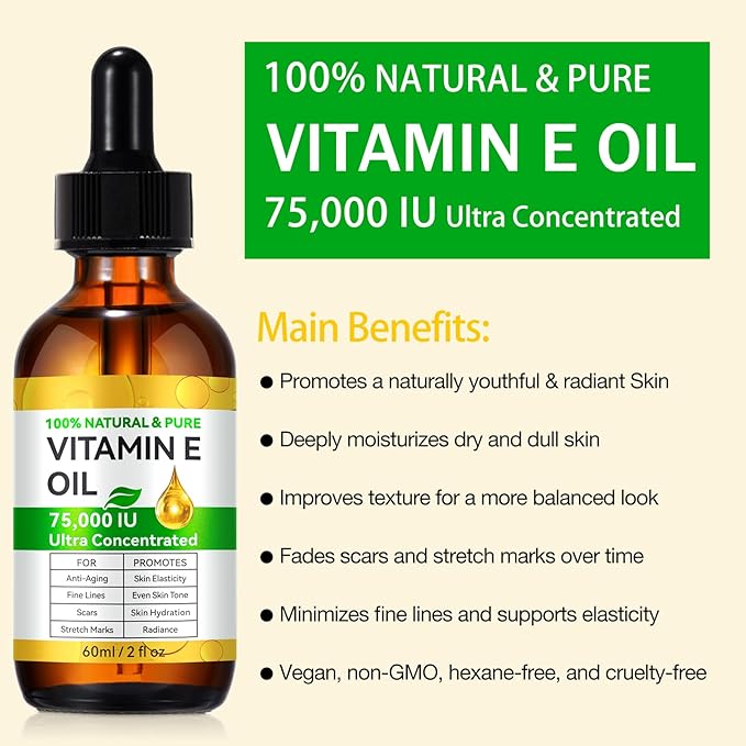 Vitamin E Oil 75,000 IU - Natural Moisturizing Oil for Skin, Face & Body - Organic Vitamin E Oil for Scars, Wrinkles & Stretch Marks - Deep Hydration 2 Fl Oz
