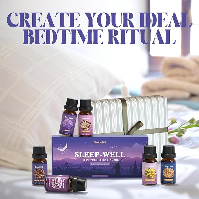 SALKING Sleep Essential Oils Set, Pure and Natural Essential Oils, Fragrance Oil Scented Oils for Oil Diffusers 6 x 10 ML - Lavender, Vetiver, Sandalwood, Valerian, Helichrysum, Benzoin…