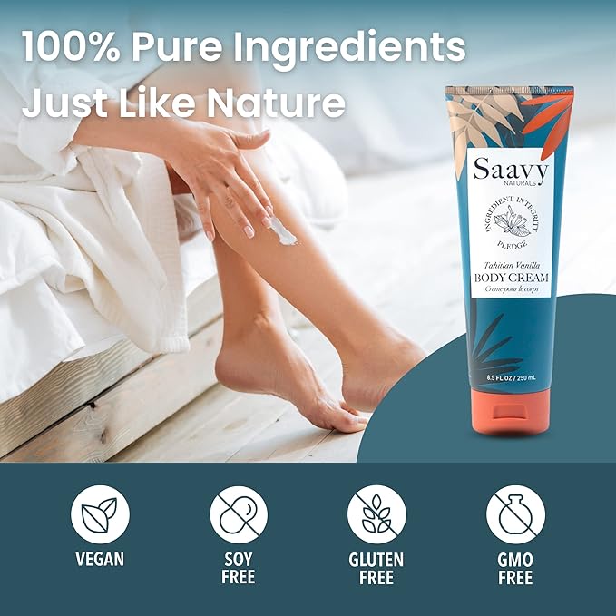 Saavy Naturals Tahitian Vanilla Body Cream for Men & Women, Absorbent Shea Butter Vegan Formula, Thick and Creamy, Naturally Scented Body Lotion for Dry Skin, 8.5 Oz, 2 Pack. Made in the USA