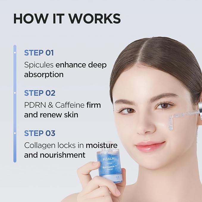 P.CALM Blue Capsule 11 Serum β PDRN & Caffeine for Intense Moisture, Plumping Effect, Elasticity, and Radiant Skin, Korean PDRN Serum (30ml / 1.01 fl.oz)