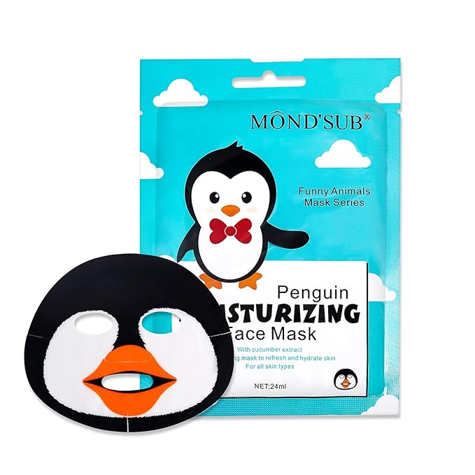 Animal Spa Mask, Character Masks Sheet- Penguin, Panda, Tiger, Cat -Nourishing Moisturizing Effects For All Skin Types- Birthday Party Gift for her, Girls Night, Spa Night, Beauty Gift (4pack)