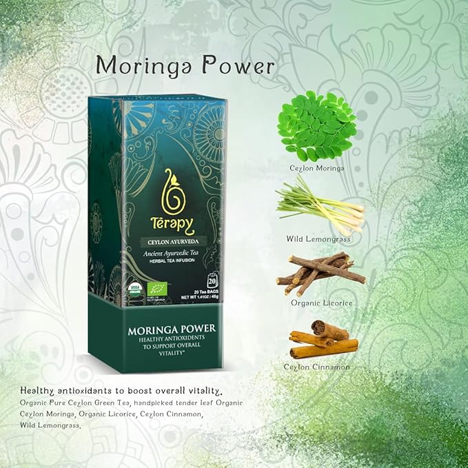 Tรฉrapy Ceylon Organic MORINGA TEA | USDA Organic Herbal Tea Bags| Helps with Vitality & Antioxidants | 100% Natural Ayurvedic Ingredients | 20 Individually Wrapped Tea Bags
