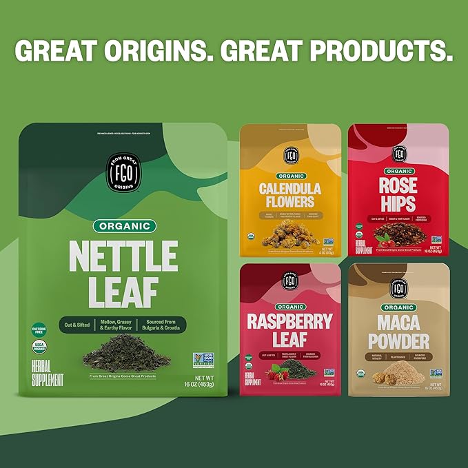 FGO Organic Nettle Leaf Loose Tea, Cut and Sifted, Caffeine Free, 4oz Resealable Bag, Packaging May Vary (Pack of 1)