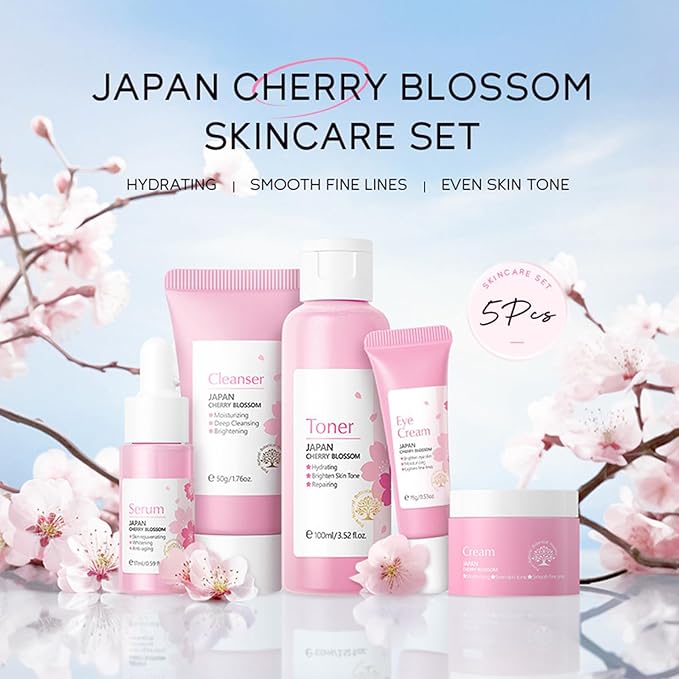 Korean Skin Care Set - Sakura Skin Care Sets & Kits - Women Gift Sets with Cleanser-Toner-Serum-Face Cream-Eye Cream-Skin Care Routine Kit for Women (One Size, Cherry Blossom-Start Kit)