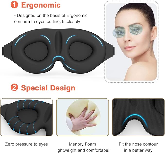 Sleep Eye Mask for Men Women 3D Contoured Cup, Concave Molded, Block Out Light, Molded Soft Comfort Eye Shade with Adjustable Strap (Purple, 2 Count (Pack of 1))