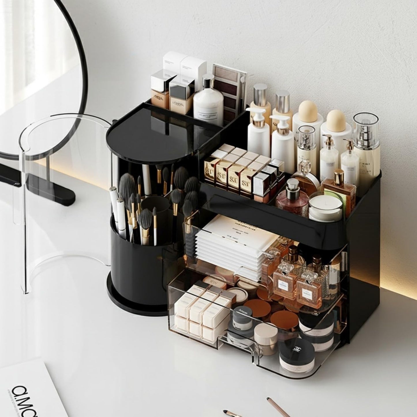 Makeup Organizer with Rotating Brush Holder Cosmetic Organizer with Drawers Countertop Skincare Organizer for Vanity,Cosmetic Display Case Storage (Black, Large)