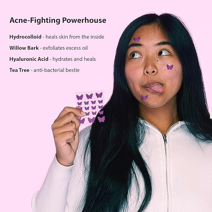 Frilliance Purple Butterfly Shaped Power Boost Salicylic & Hydrocolloid Acne Pimple Patches for Zits and Blemishes (18 Count, 2 Sizes), Vegan and Cruelty Free