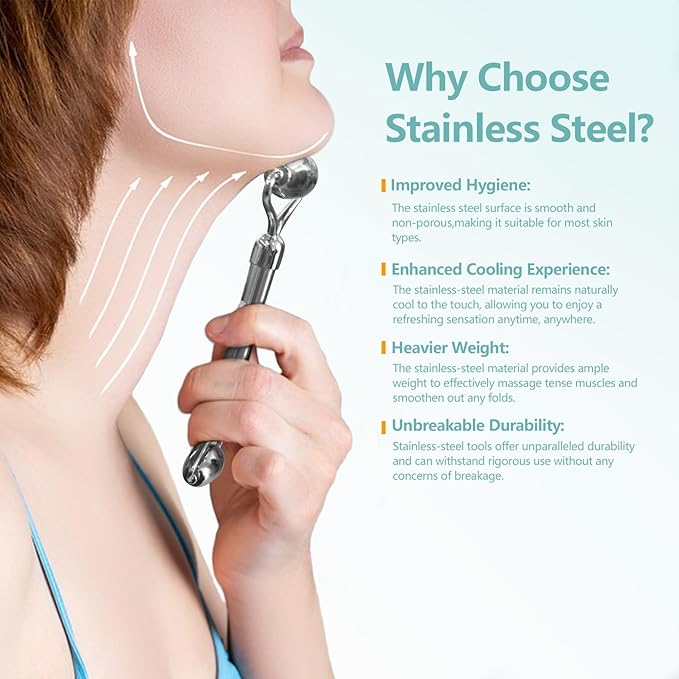 Stainless Steel Facial Roller - Metal Face and Eye Roller, Gua Sha Facial Tools Stainless Steel, Reduce Puffiness, Cooling Dual Sided Stainless Steel Facial Roller Massager