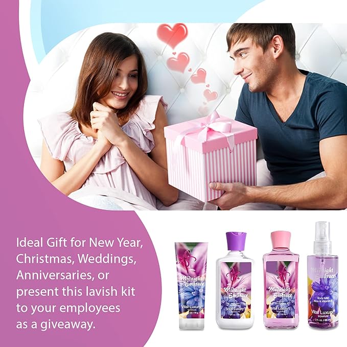 Midnight Embrace Bath & Body Kit, 3 Fl Oz, Ideal Skincare Gift Home Spa Set, Includes Body Lotion, Shower Gel, Body Cream, and Fragrance Mist, Birthday Mother's Day Gifts