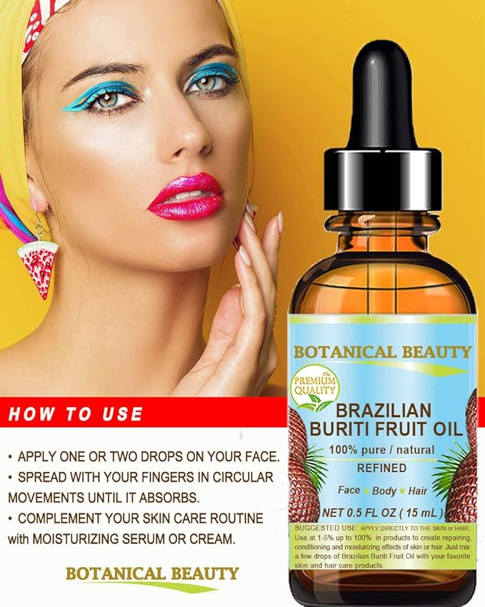 Botanical Beauty Brazilian BURITI FRUIT OIL 100% Pure Natural Refined Cold Pressed Carrier Oil Undiluted 1 fl.oz- 30 ml for Face, Skin, Body, Hair, Nails