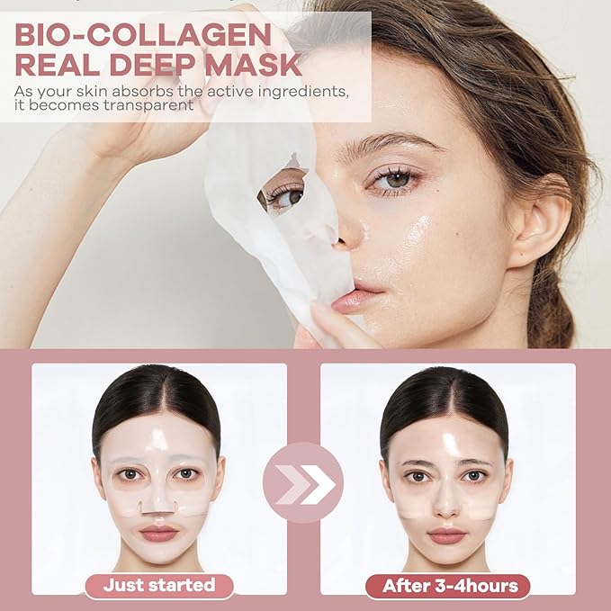 Collagen Mask Bio-Collagen Mask Deep Hydrating Overnight Collagen Sheet Masks Pore Minimizing Elasticity lmprovement Lifting Real Collagen Essence Hydrating Moisturizing Facial Mask Sheets 4 Packs
