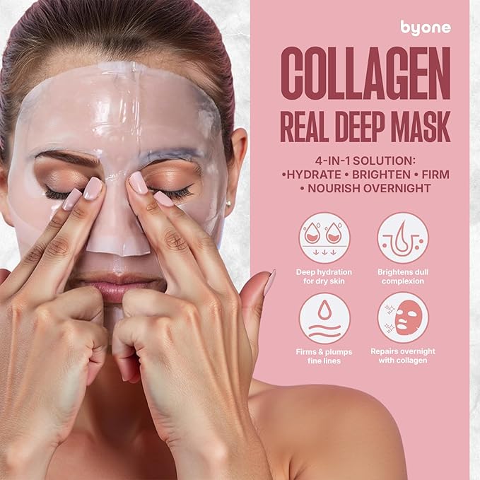 BYONE Bio Collagen Face Mask ā Hydrating & Anti-Aging Sheet Mask for Glowing Skin ā Natural Korean Skincare ā Firming, Moisturizing & Soothing ā 4 Pack