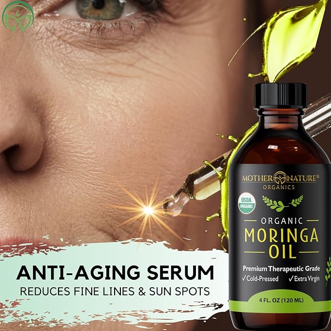 Mother Nature USDA Organic Moringa Seed Oil, 100% Pure, Cold-Pressed, Unrefined Oil for Face, Skin Care & Hair Growth, Aceite de Moringa para la Cara, Anti-Aging. Non-GMO & Gluten Free (4 Oz)