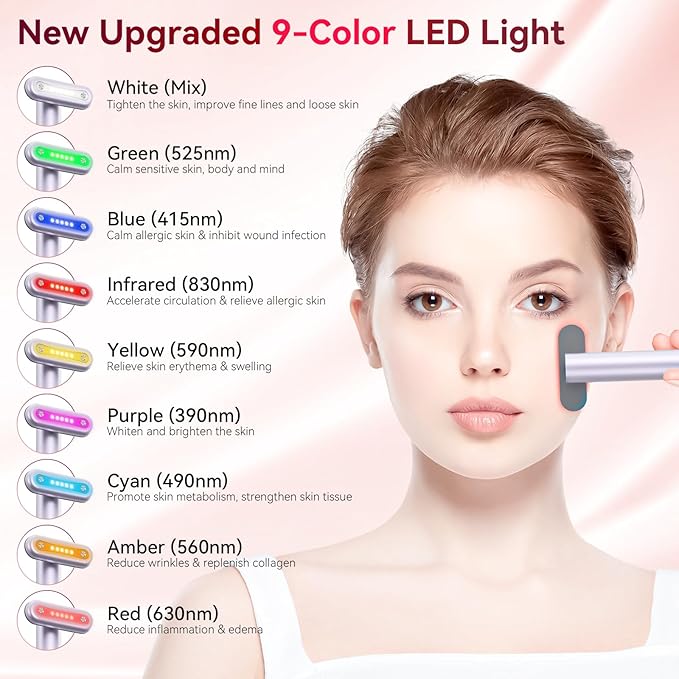 9 in 1 Red-Light-Therapy-Wand-for-Face, Portable Face Massager Tool, Microcurrent and Vibration True Beauty Glow Facial Massager Skincare Rejuvenation Tool for Women at Home, Purple