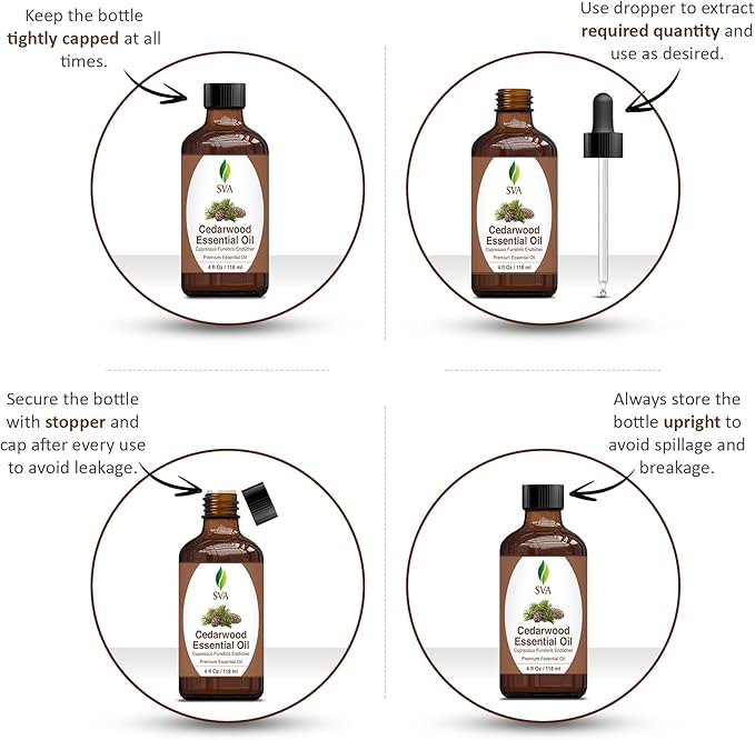 SVA Cedarwood Essential Oil – 4 Fl Oz – 100% Natural Cedar Cupressus Funebris Oil - for Diffuser, Hair Care, Face, Skin Care, Aromatherapy, Scalp and Body Massage, Soap and Candles - with Dropper