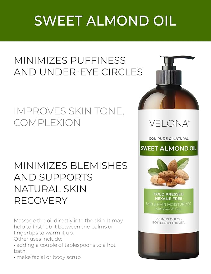 velona Sweet Almond Oil - 16 Fl Oz | 100% Pure and Natural Carrier Oil |Cold Pressed | Skin, Hair, Body & Face Moisturizing | Use Today - Enjoy Results…